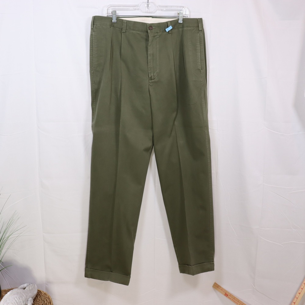 Daniel Cremieux Chino Pants 36x32 Green Mens Pleated Cuffed Cotton Trousers
